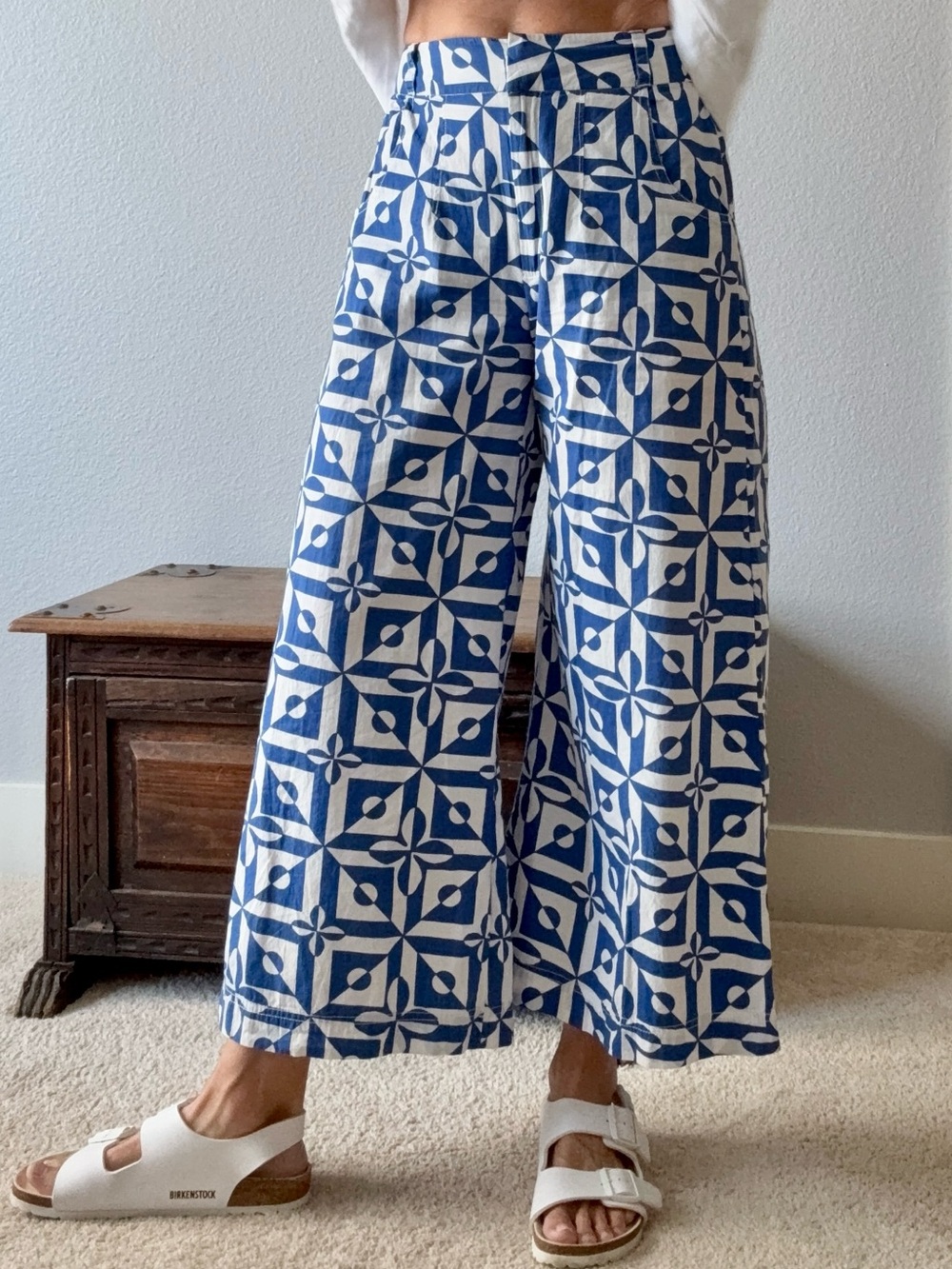 Free People Blue & White Geometric Wide-leg crop pants sz 4